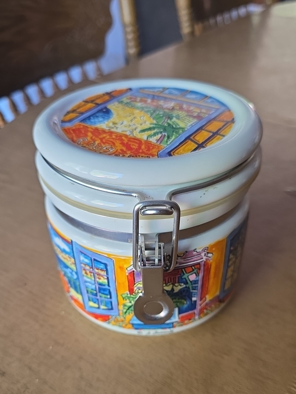 Ceramic Airtight Storage Canister - White with Colorful Window Artwork